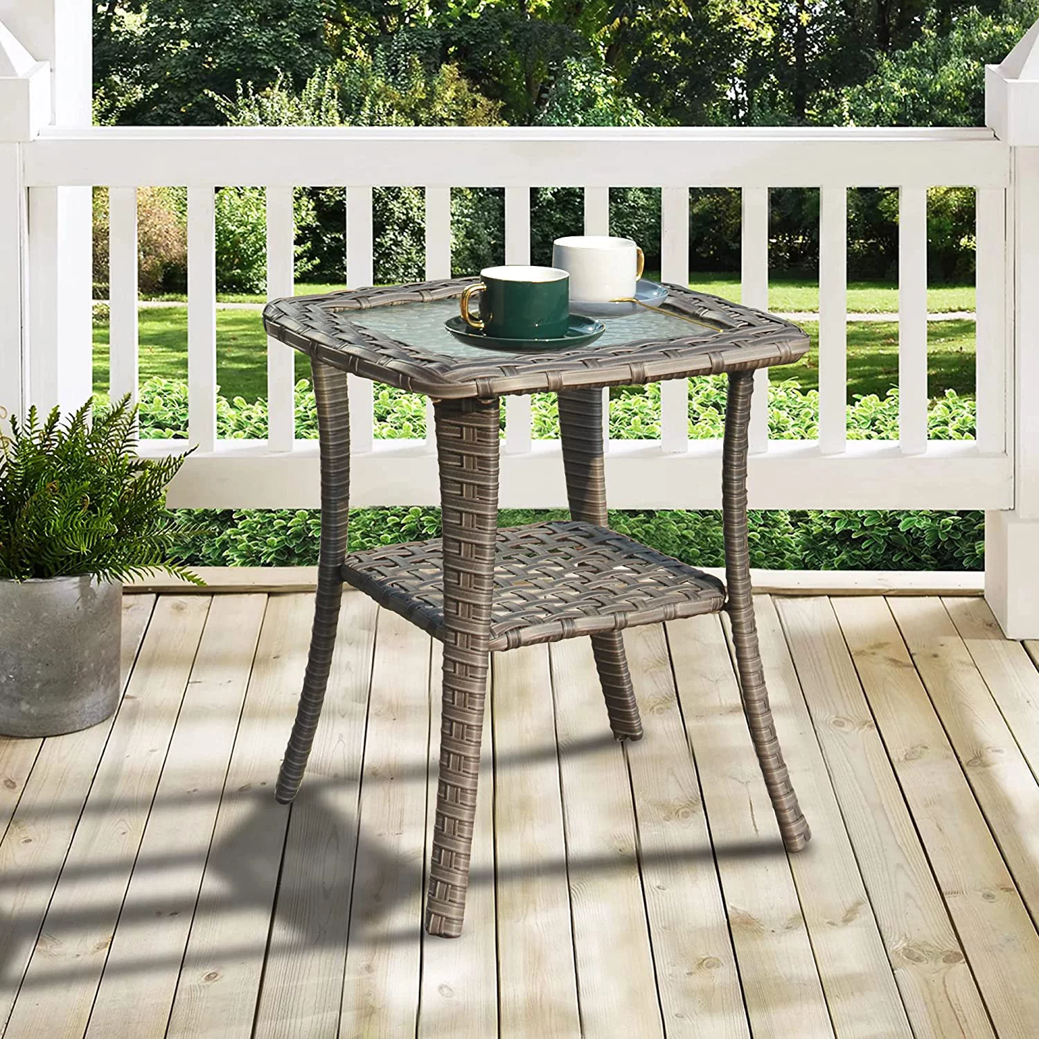 HOOMHIBIU Outdoor  Patio Wicker Coffee Table Patio Tables with Tempered Glass Top Rattan Steel Frame  Square End Table for Yard Deck Porch  Grey Wicker