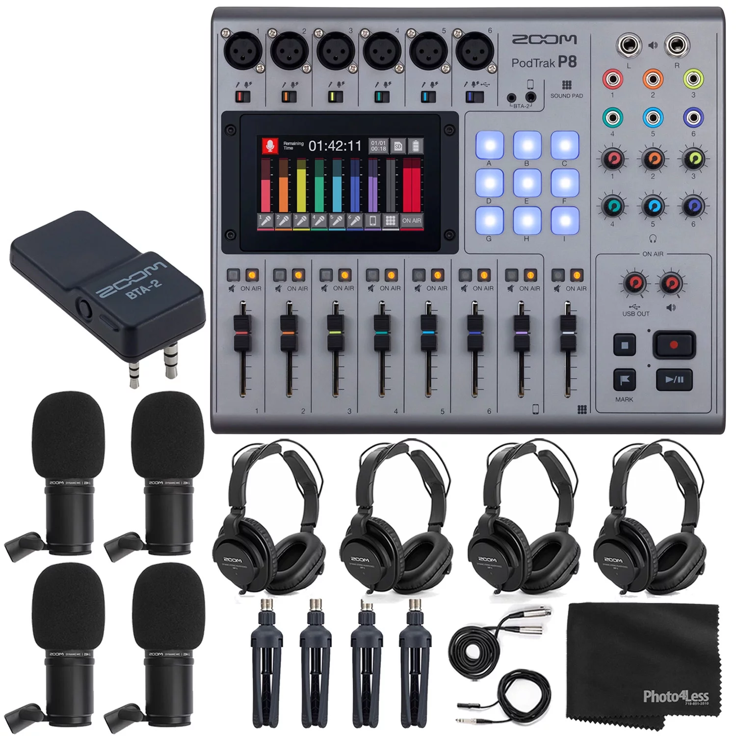Zoom PodTrak P8 Multitrack Podcast Recorder + 4x Zoom ZDM-1 Podcast Mic + Zoom BTA-2 Bluetooth Adapter + 4x Headphones + 4x Windscreen + 4x Tabletop Stand - Top Value Bundle