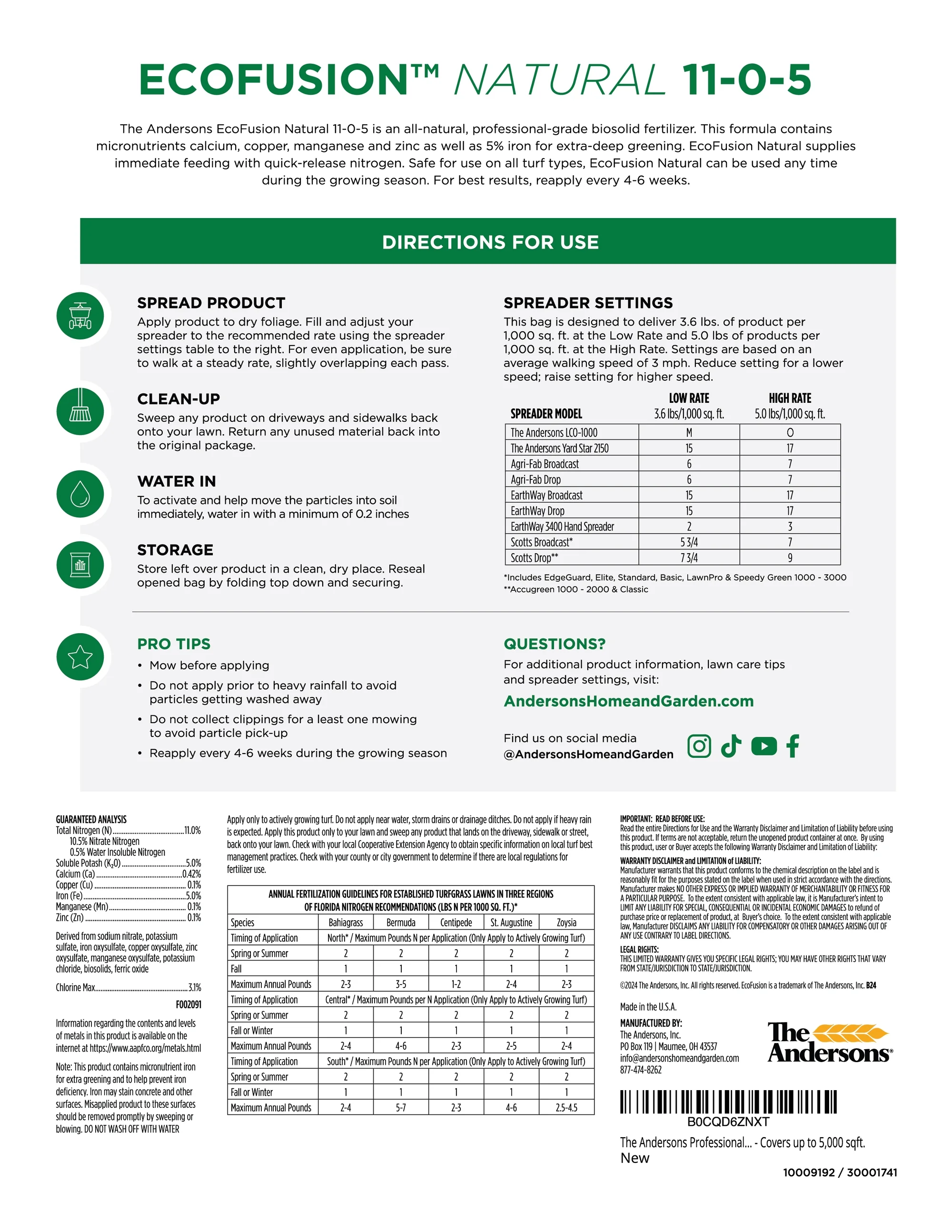The Andersons Professional Ecofusion™ Natural 11-0-5 Biosolid Fertilizer with Iron and Micronutrients - 18 lb. Bag