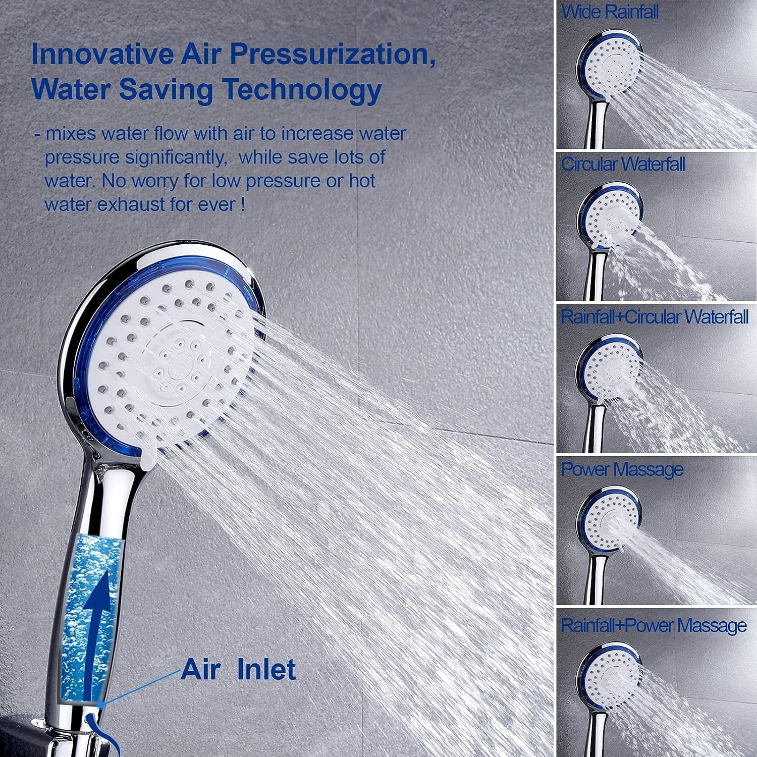 5-Setting High Pressure SPA Water Saving Shower Head with Handheld and Hose, Air-Turbo, High Anti-Clog Nozzles, Chrome