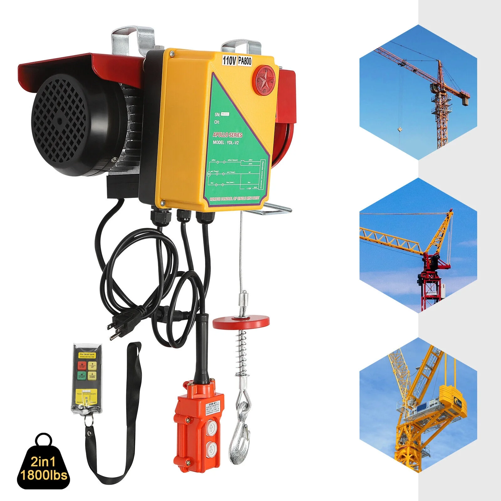 1800 Lbs Automatic Electric Cable Hoist, Wireless Remote Control, 110V 1450W Overhead Pulley Winch with Towing Sling, Cable Length, Electric Winch for Garage, Warehouse, Construction, Farm