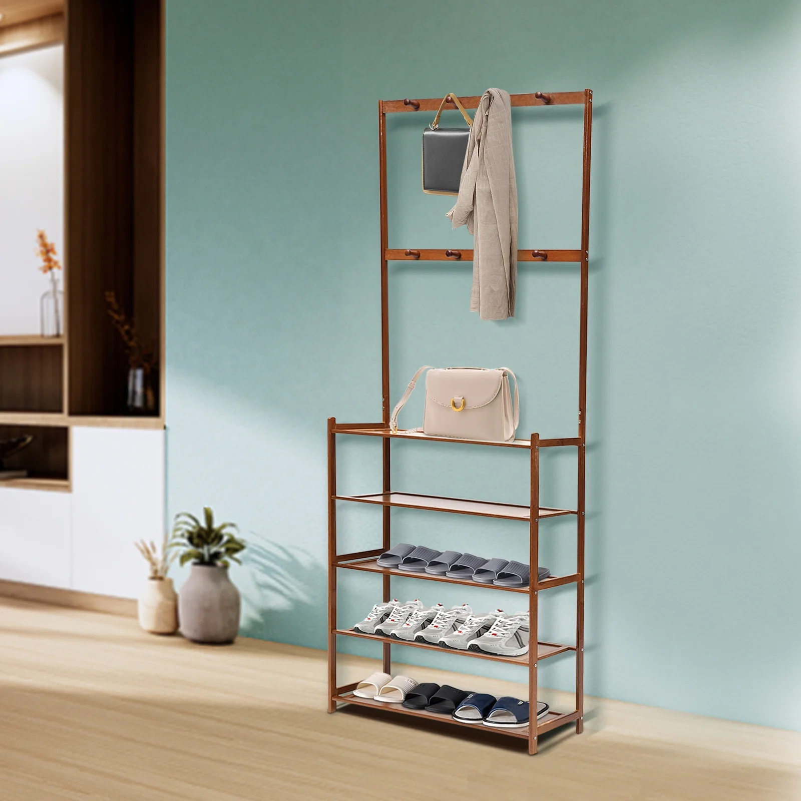 Loyalheartdy 5-Tier Freestanding Brown Shoe Rack Bamboo MDF 15-18 Pair Shoes Storage Rack w/8 Hooks 27.56*9.06*69.29In