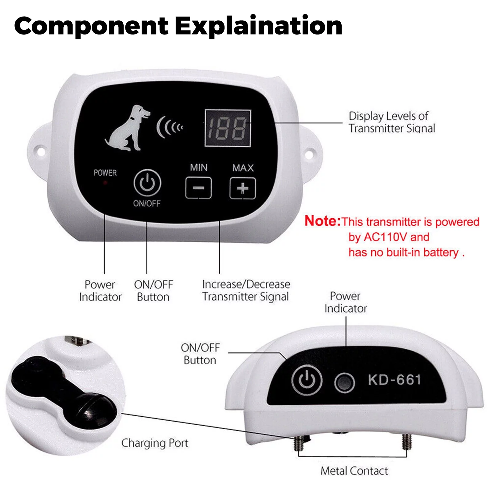 Wireless Dog Training Collar Boundary Containment System, Dog Boundary Containment System Radius Remote Control Transmitter, 3-Dog System, Wired Transmitter and Wireless receiver