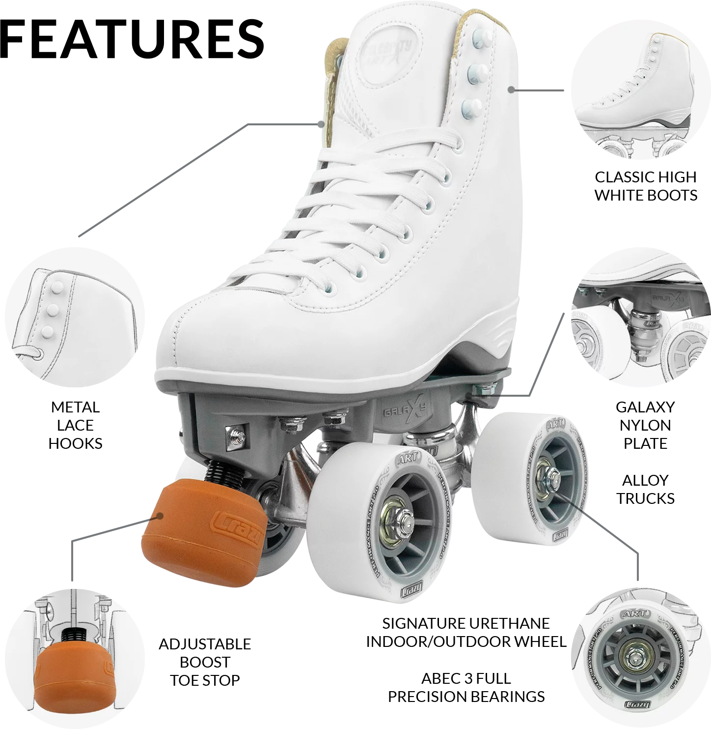 Crazy Skates Celebrity Art Roller Skates - Classic High White Artistic Quad Skate