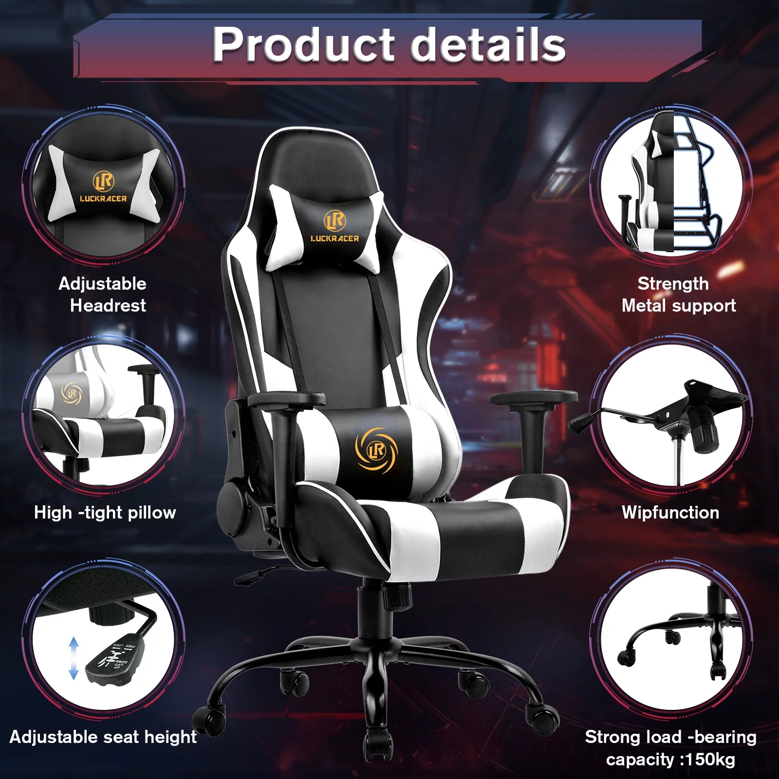 LUCKRACER Gaming Chair With Massage Office Computer Chair, White
