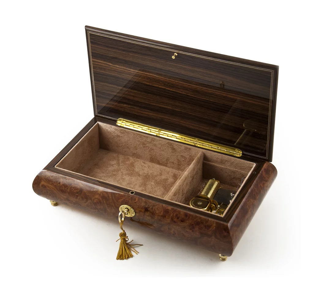 Handcrafted Wood Tone Twin Butterfly Inlay Music Jewelry Box - Some Day My Prince Will Come (Snow White)