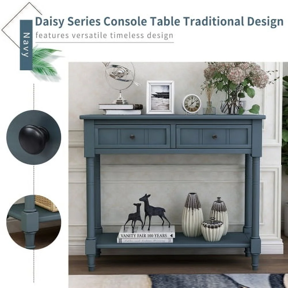 Wulawindy Daisy Series Console Table Traditional Design with Two Drawers and Bottom Shelf (Navy)