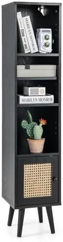 GEROBOOM 54" Tall 4-Tier Bookcase with Door  Freestanding Slim Narrow Book Cabinet with Adjustable   Vertical Bookshelf with Leg  Open Shelving Display Rack   Wooden 4-Cube  Organizer