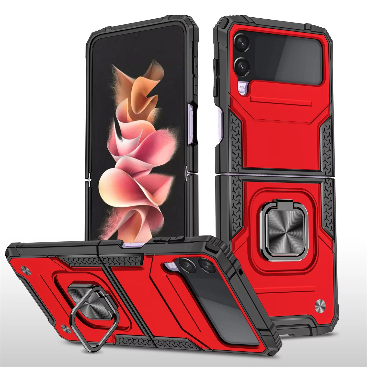 SaniMore for Samsung Galaxy Z Flip 4 Magnetic Case, Rugged PC & TPU Bumpers with Car Mount & Ring Kickstand Heavy Duty Full Body Protective Case for Samsung Z Flip 4 Women Men, Red