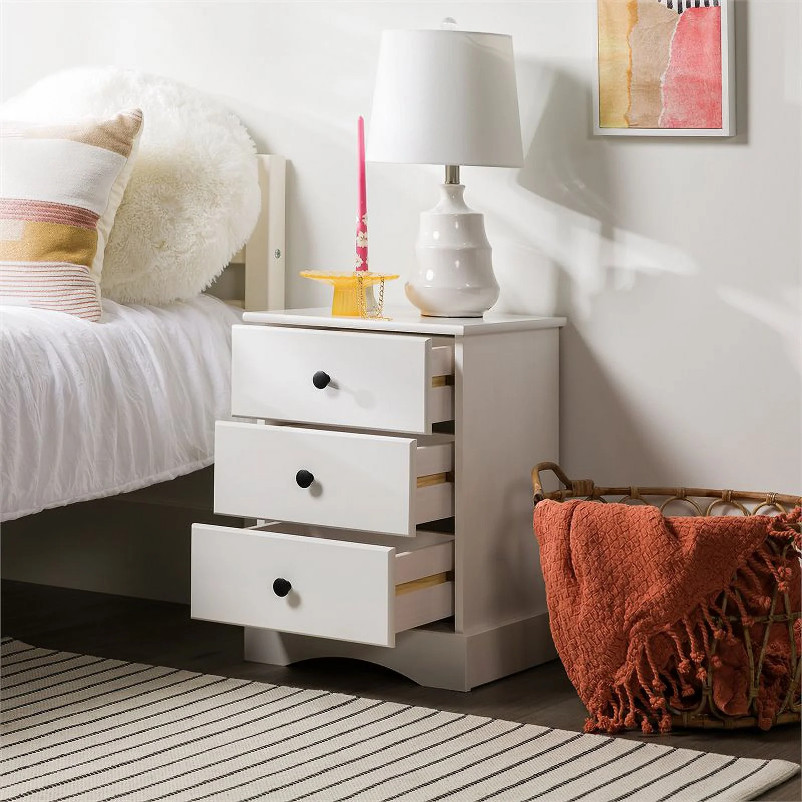 Classic 3 Drawer Solid Wood Top Bedroom Nightstand in White