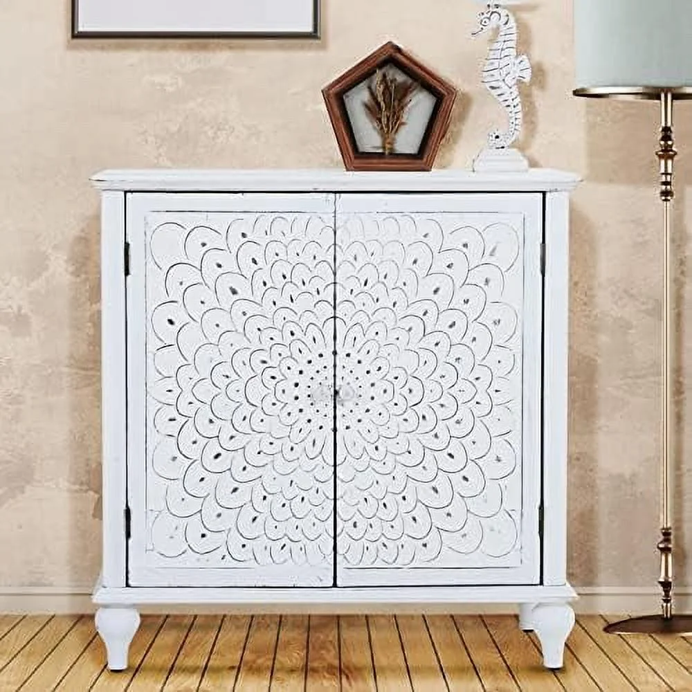 NLTBONNIE Sophia & William 2-Door Accent Cabinet  Distressed  Cabinet with Iron Stamped Floral Pattern for Entryway Living Room Bedroom  White
