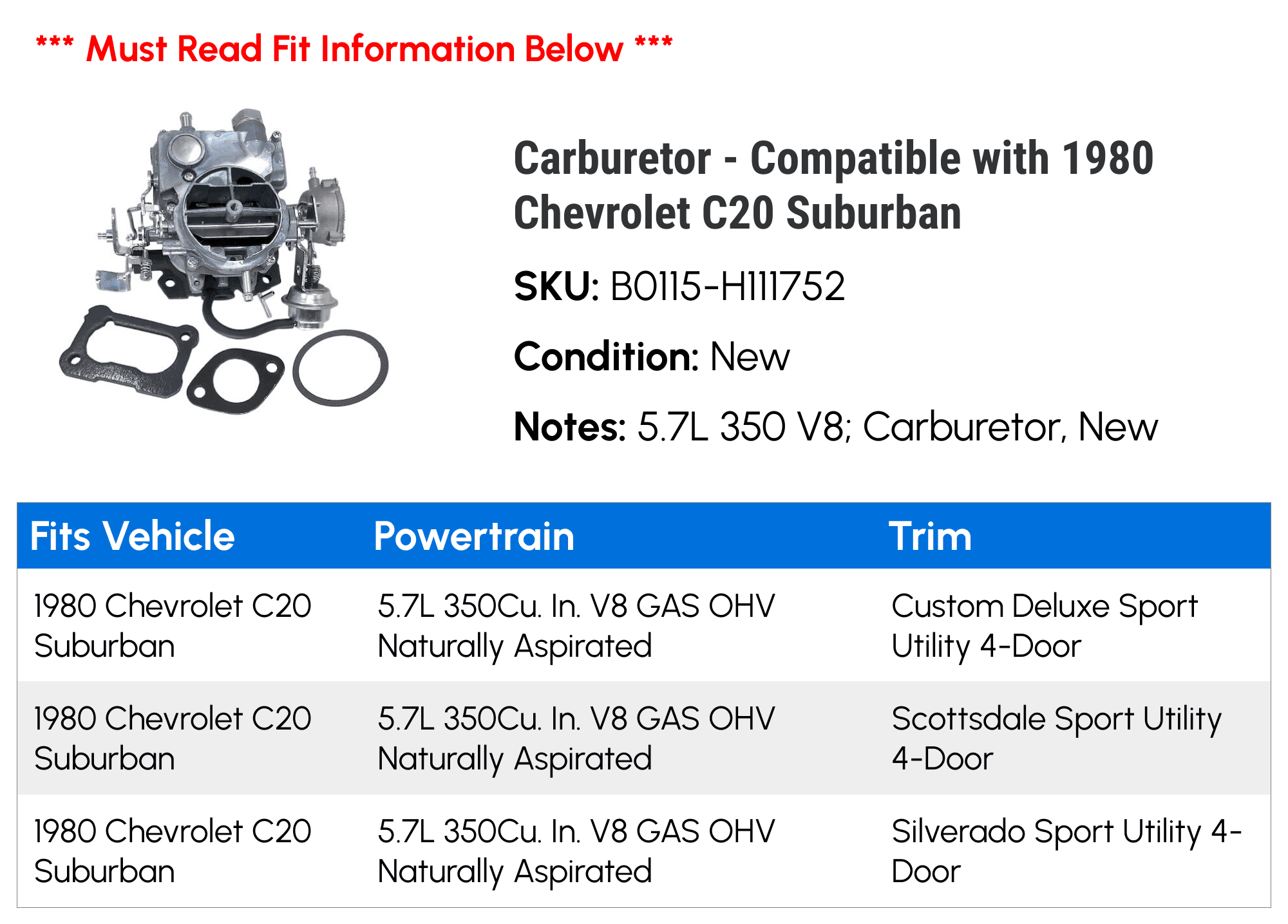 Carburetor - Compatible with 1980 Chevy C20 Suburban