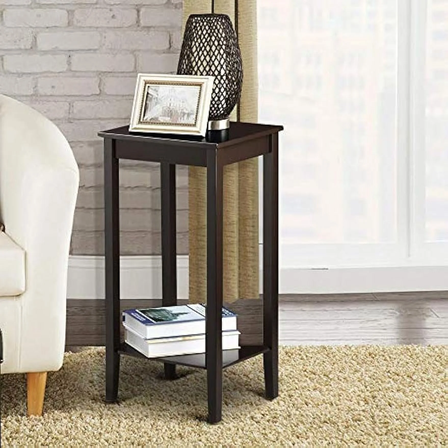 Side Table Set of 2, Wooden End Tables with Storage Shelf and Solid Wood Legs, 29in High Telephone Table Narrow Sofa Side Tables for Living Room/Small Spaces/Hallway/Study, Dark Coffee