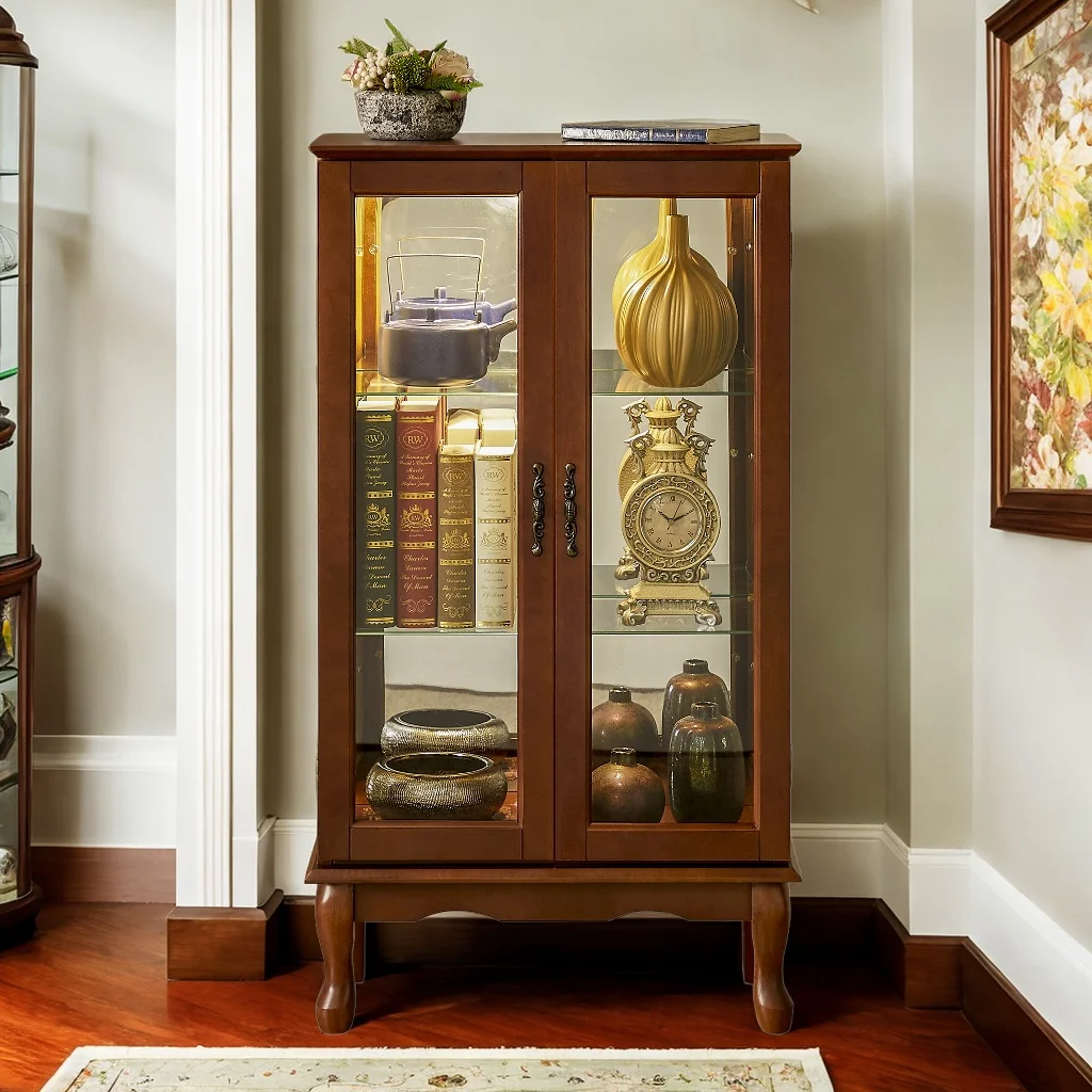 Elegant 360-Degree Display Cabinet with Lighted Acrylic Mirrored Back Perfect for Showcasing Your Collectibles and Enhancing Home Decor-walnut