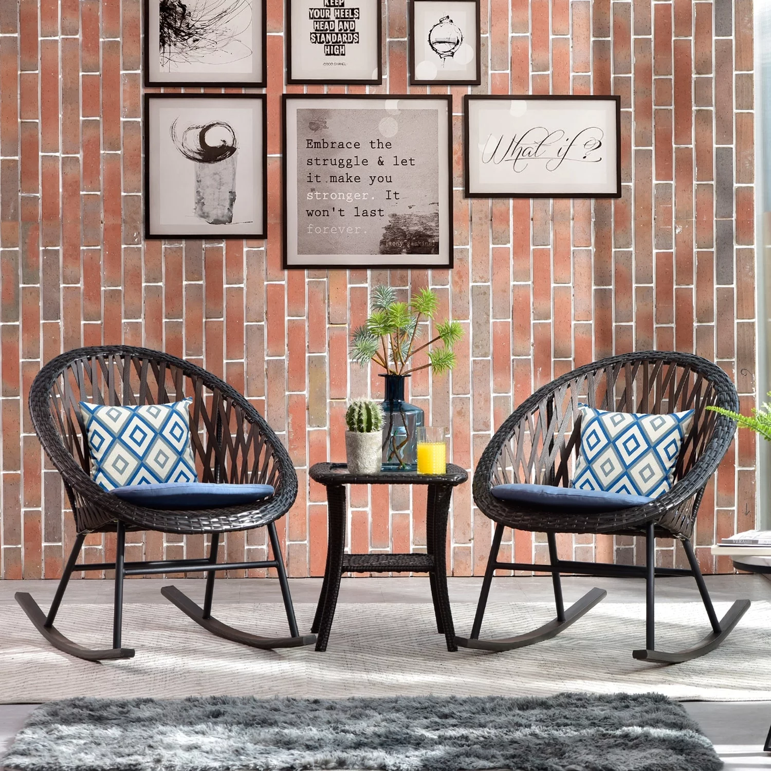 OVIOS  3-piece Patio Rocking Chair Bistro Set with Glass Coffee Table Blue