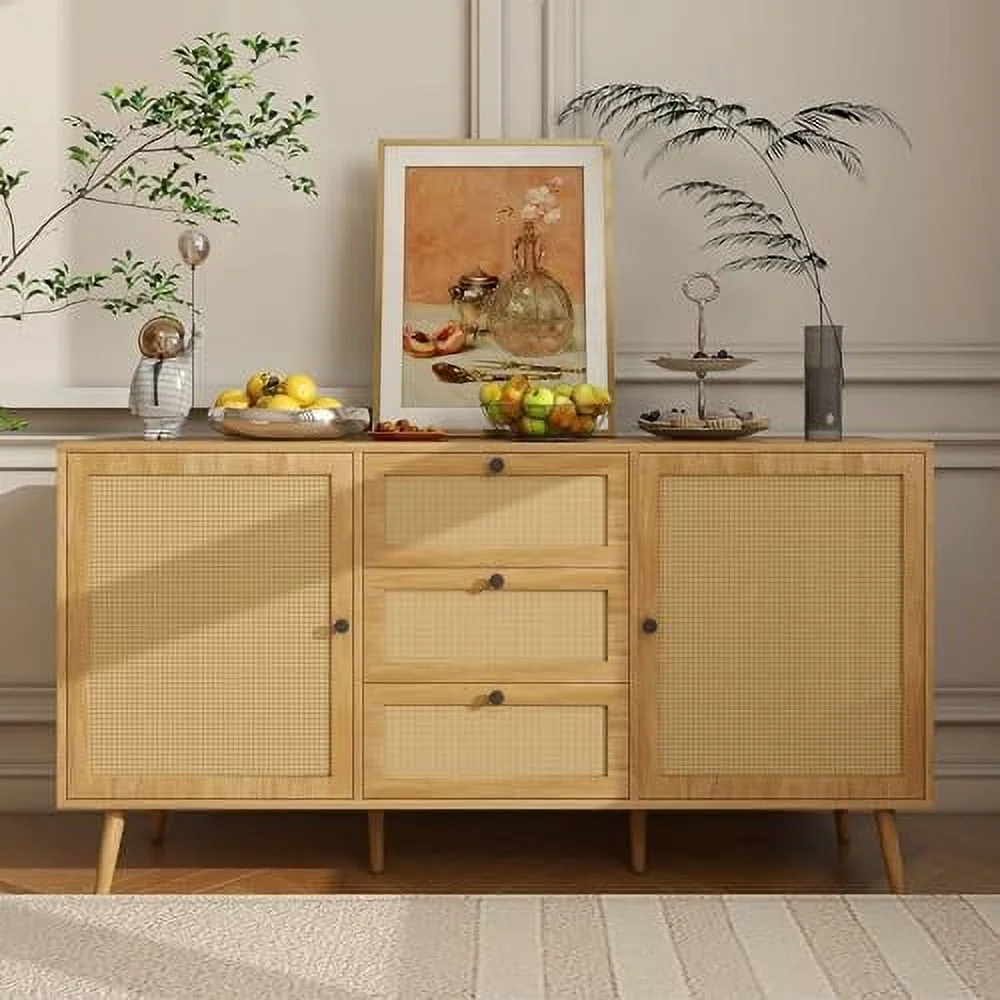 HBROLJF Rattan Sideboard Buffet Cabinet  57.87" Rattan Accent Cabinet  Cabinet Console Table with 3 Drawers & 2 Doors and Adjustable Shelves for Kitchen  Dining Room  Living Room