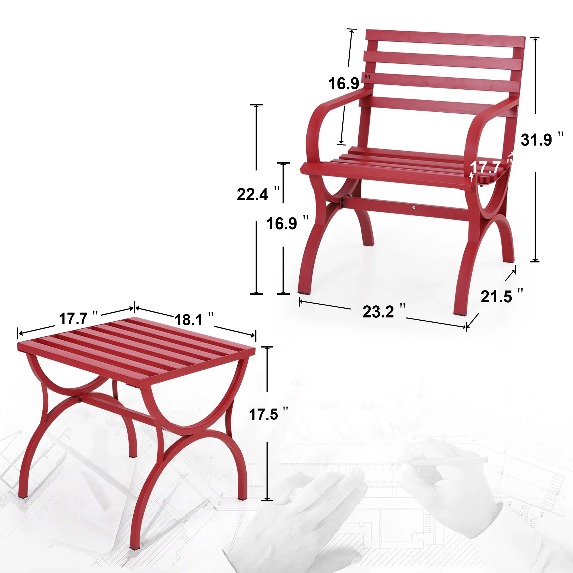Sophia & William Patio Bistro Set 2 Single Seater Chairs & 1 Patio Side Table - Red