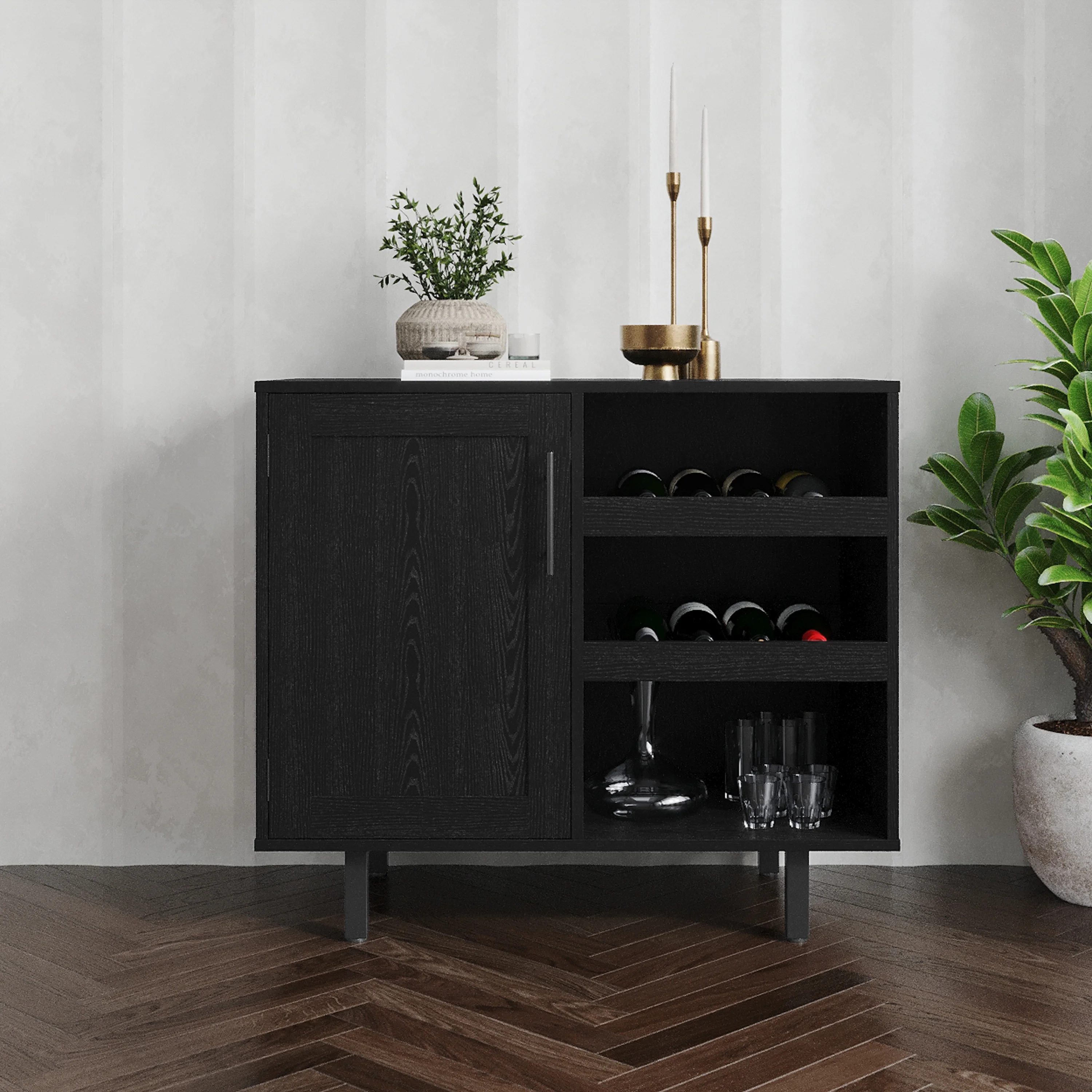 Emma + Oliver Classic Bar and Sideboard with Shaker Style Single Door Cabinet with Hanging Glass Storage and Open Bottle Shelves, Black