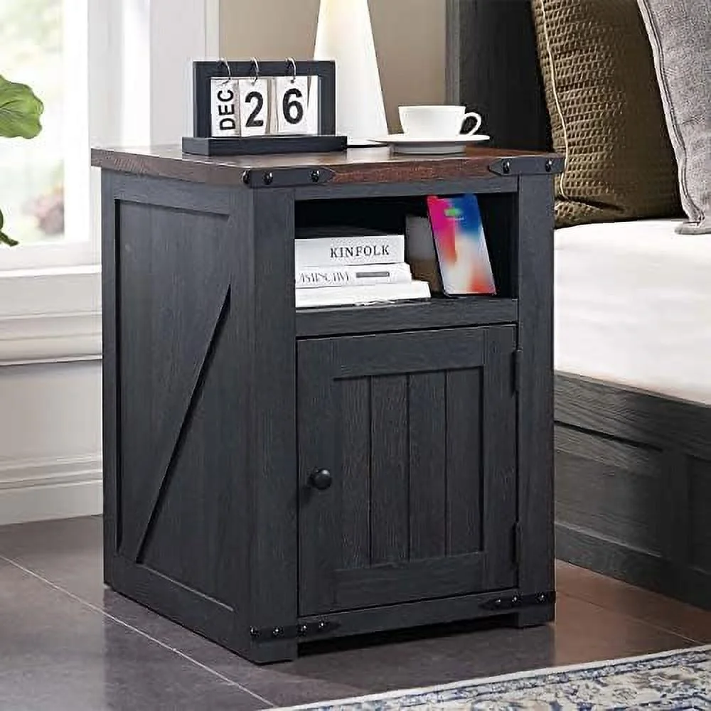 SJOINGB Nightstand with Charging Station  20" Farmhouse End Table w/Groove Barn Door  Rustic Wood Sofa Side Bedside Table w/Open & Adjustable Shlef for Bedroom  Living Room  Dark