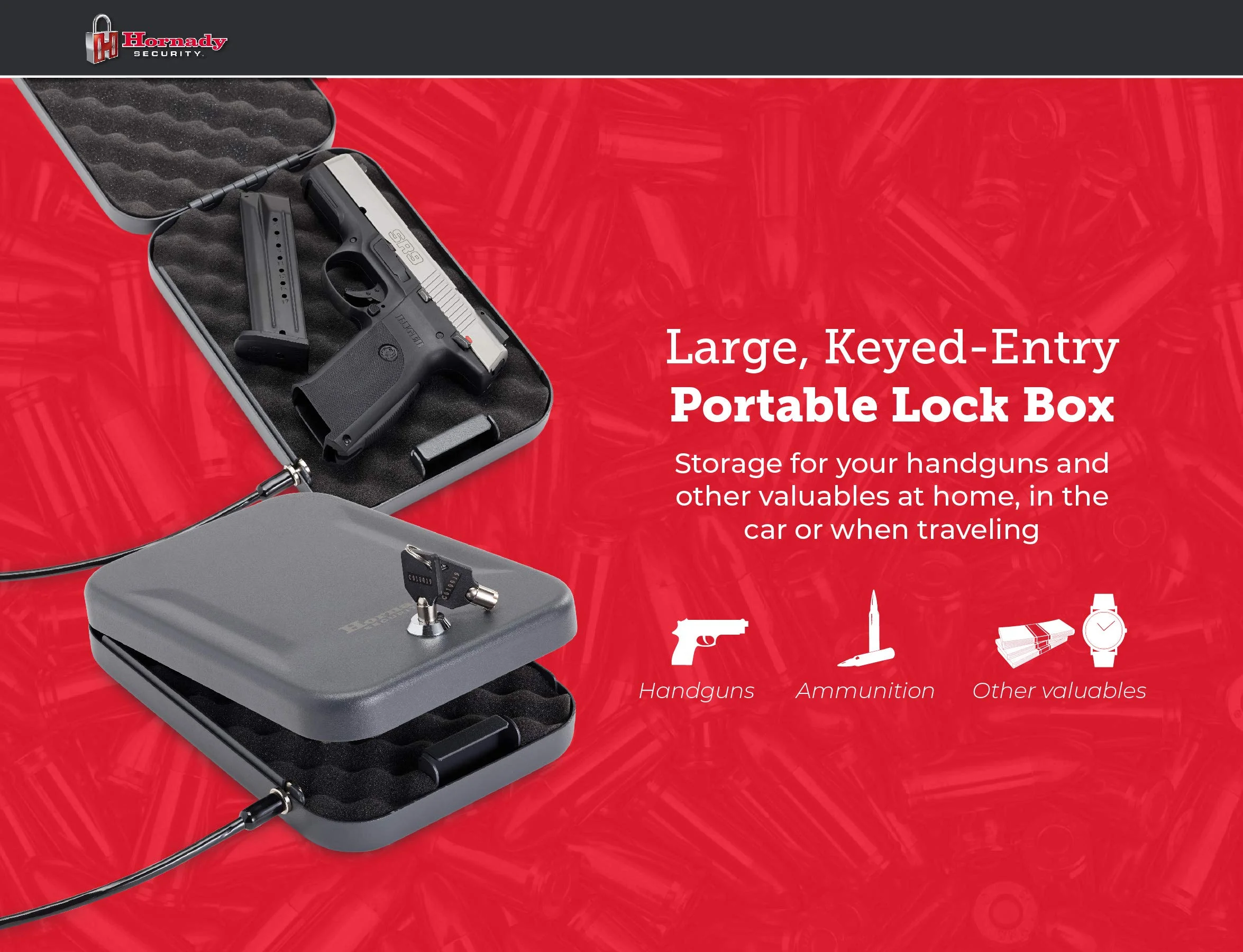 Hornady 95200 Standard Lock Box Large Key Entry Black Steel Holds 1 Handgun 9.50 L x 6.50 W x 1.75 D