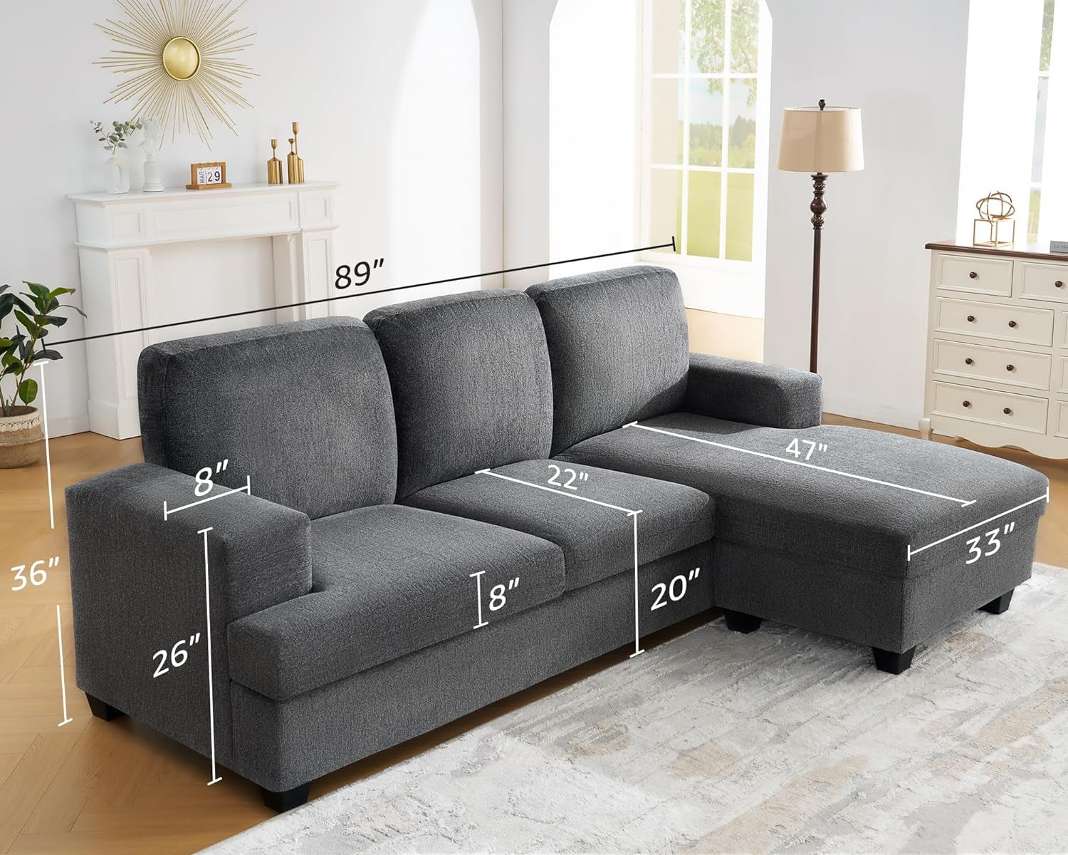 AMERLIFE 89 Inch L Shape Couch, Reversible L Shape Sofa with Chaise, Convertible Sofa with Storage, L Couches for Living Room, Grey Chenille