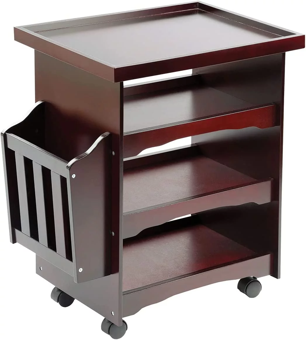 Rolling Bar Cart Multipurpose End Table with Wheels Narrow Side Table with Magazine Rack, Mahogany Wood Finish, 24