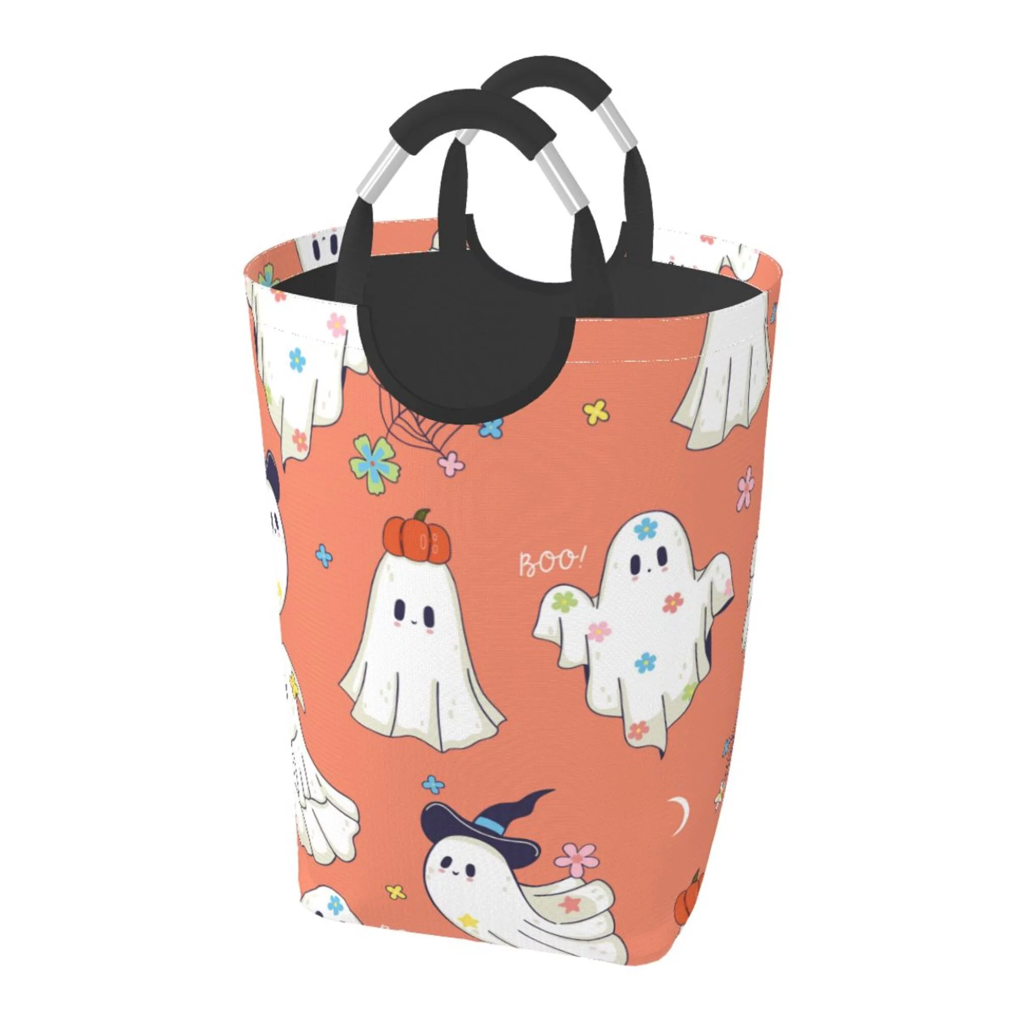 TEQUAN 50L Large Rectangular Laundry Hamper with Aluminum Handles, Magical Cute Happy Ghosts Prints Waterproof Foldable Dirty Clothes Basket