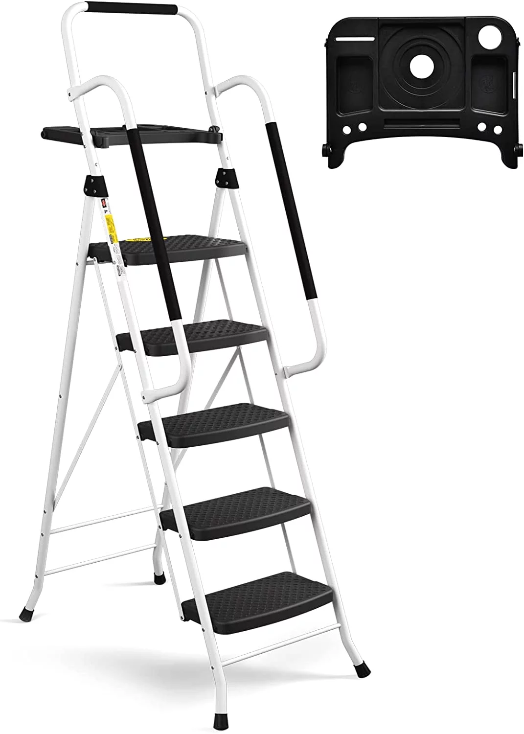 YANPO 5 Step Ladder with Handrails, Folding Step Stool with Tool Platform, Sturdy& Portable Steel Ladder for Adults, 330LBS Capacity Ladder for Home Kitchen Library Office