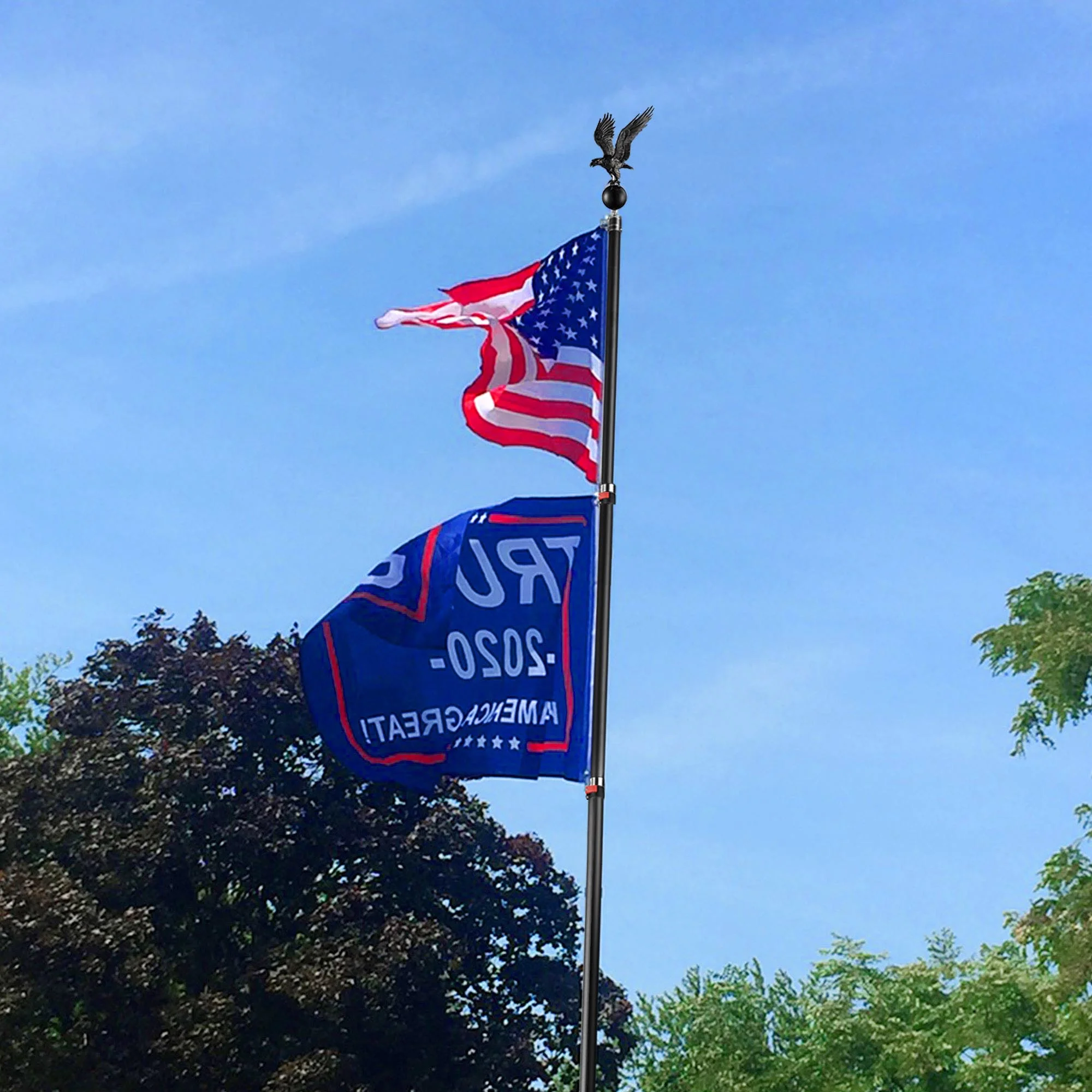 25 Ft Telescopic Aluminum Flag Pole Kit w/ 2 Balls & Eagle Topper US Flag Black