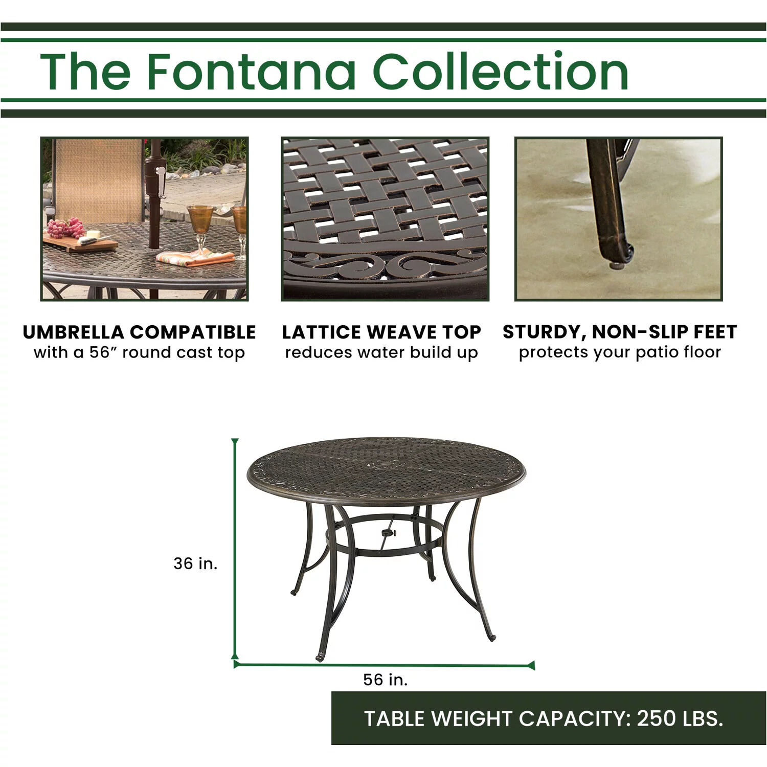 Hanover Fontana 5-Piece High-Dining Set in Tan with 4 Counter-Height Swivel Chairs, 56-in. Cast-top Table, Umbrella and Umbrella Base