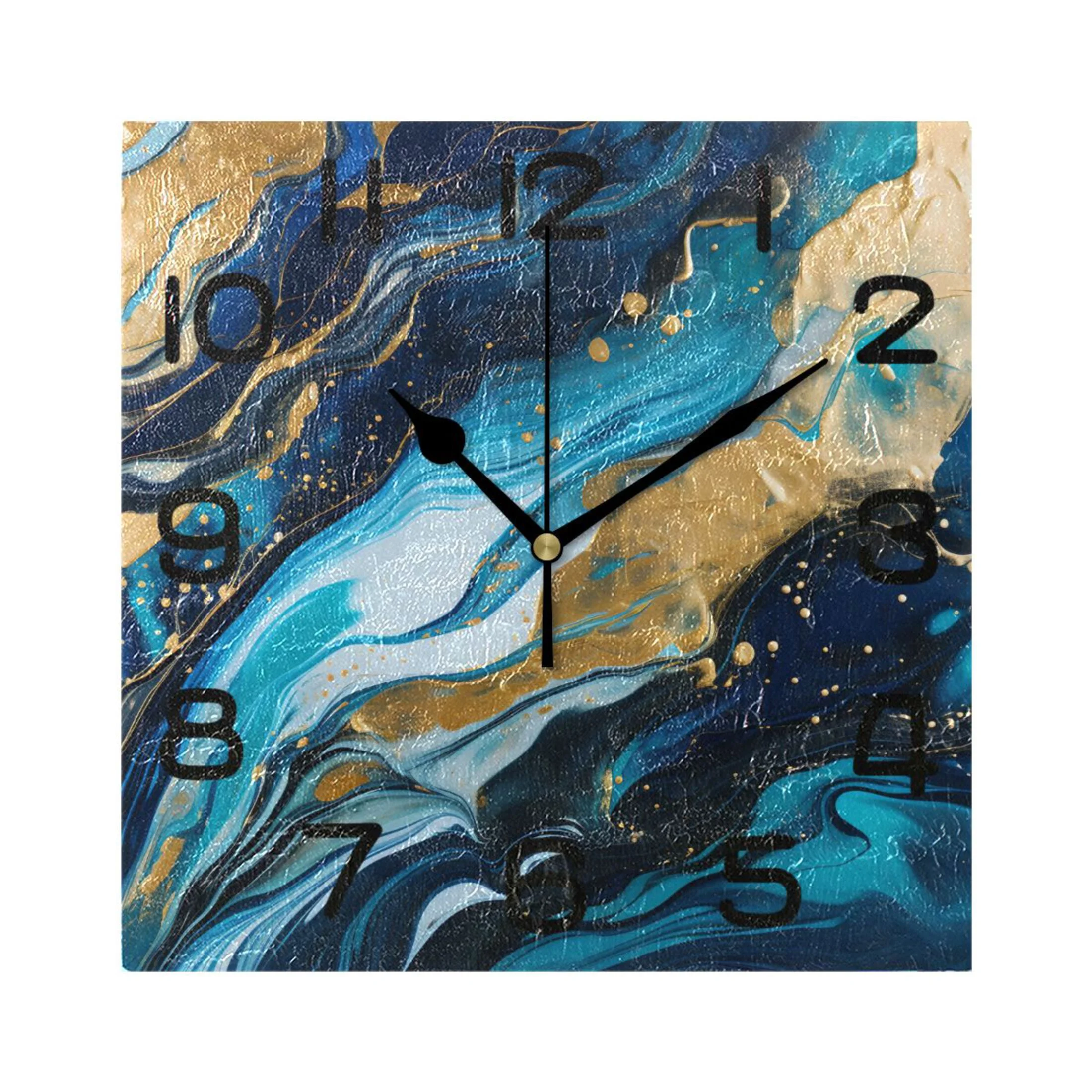 Blue Marble Golden Wall Clock Square Silent Non-Ticking Battery Operated Retro 7.78