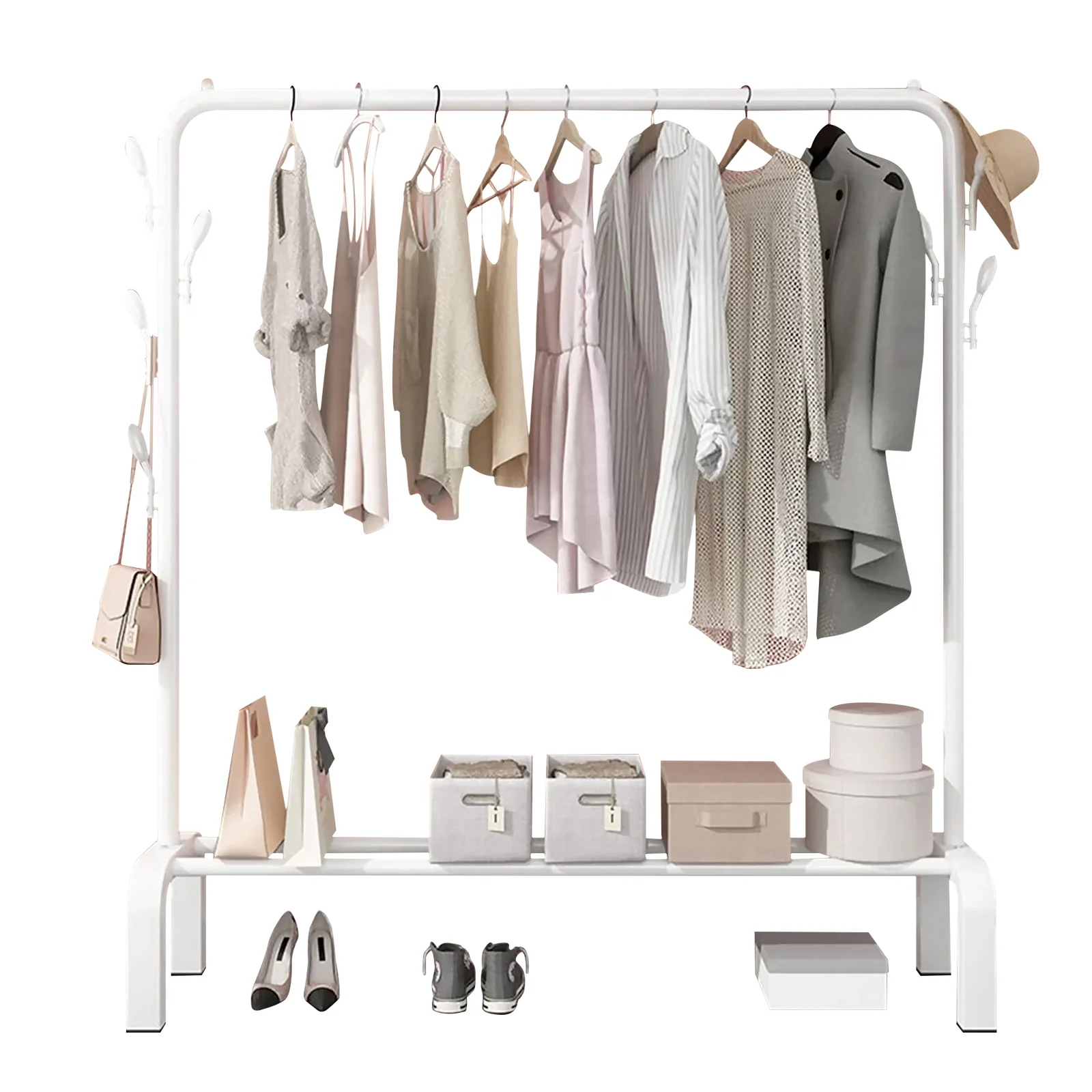 Clothes Rack, Clothing Garment Rack with Hanging Rod and Bottom Storage Area, Clothing Rack for Bedroom, White