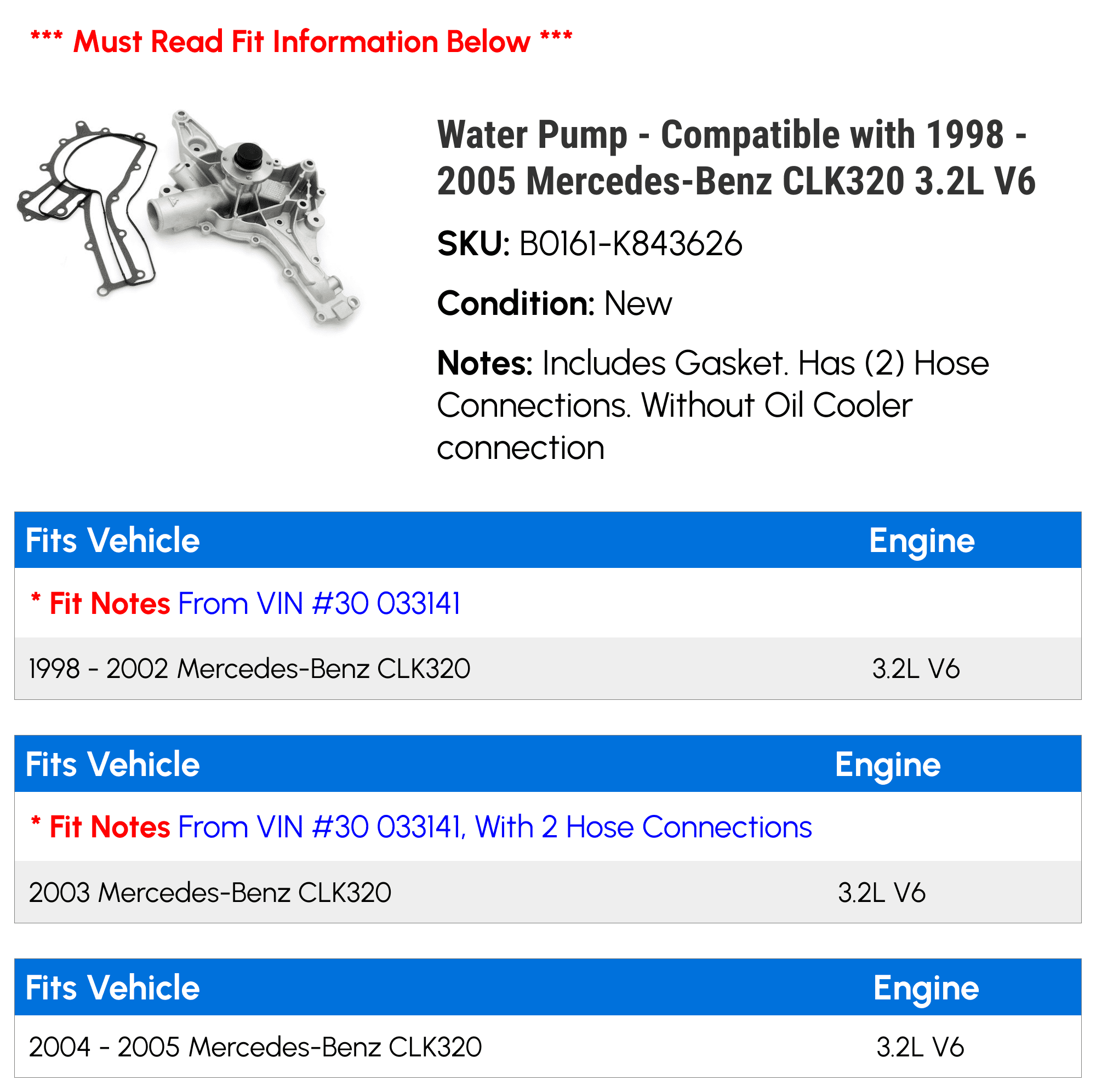 Water Pump - Compatible with 1998 - 2005 Mercedes-Benz CLK320 3.2L V6 1999 2000 2001 2002 2003 2004
