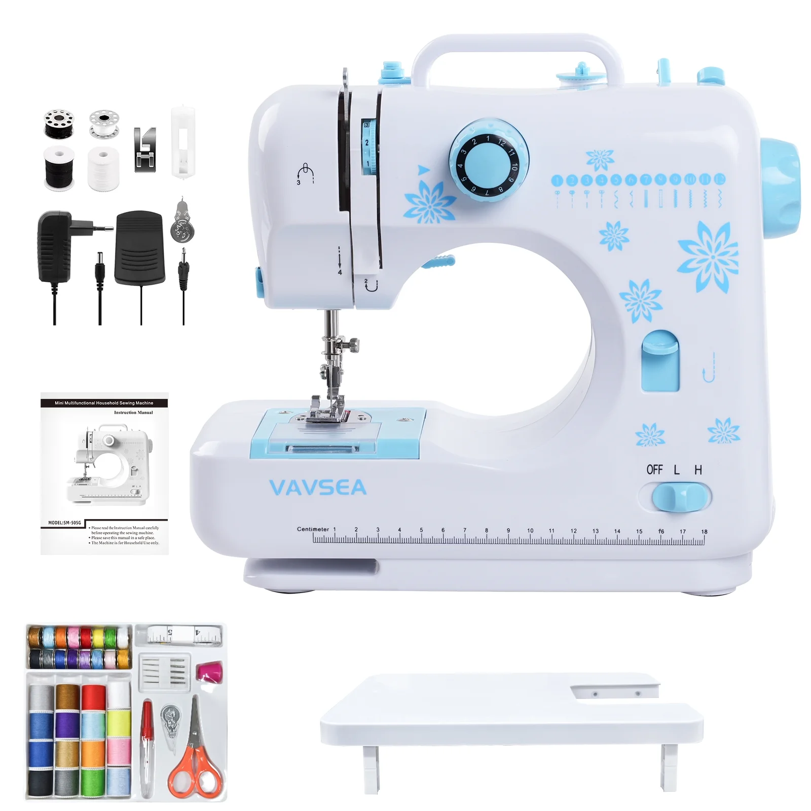 VAVSEA Sewing Machine with Extension Table, Portable Sewing Machine Included Accessory Kit, LED Light, 12 Built-in Stitches, Sewing Kit for Household Use, Perfect for Beginners, Blue