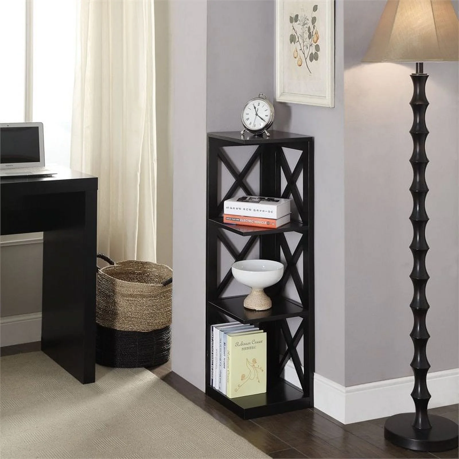 Pemberly Row 3 Shelf Corner Bookcase in Black Wood Finish