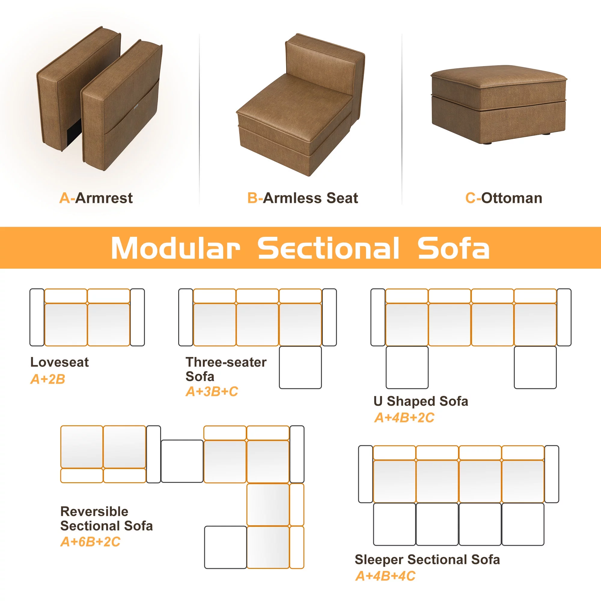 Nolany Reversible Sectional Sofa Couch L Shaped Sofa Modular 4-Seat Couch with Chaise, Caramel Microfiber