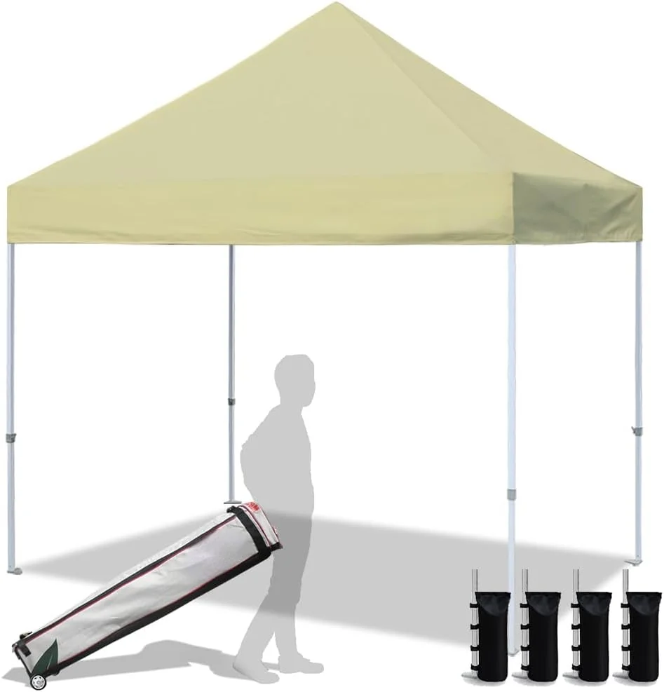 USA 8'x8' Ez Pop Up Canopy Tent Commercial Instant Canopies with Heavy Duty Roller Bag,Bonus 4 Sand Weights Bags (Beige)