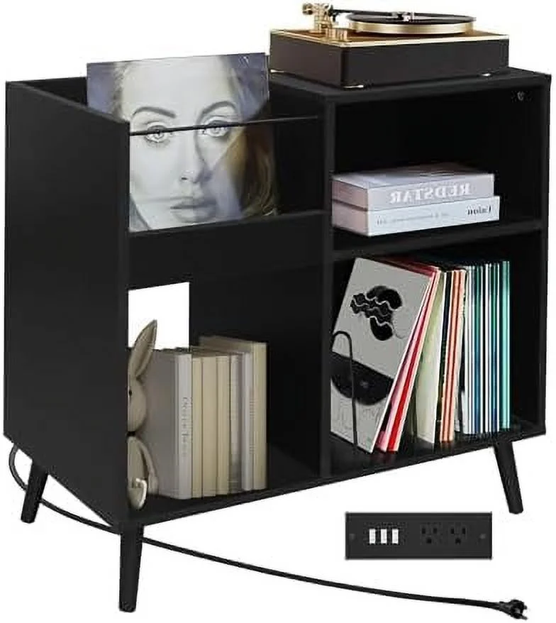 CDHJKKB Mid-Century Vinyl  Cabinet  with Solid Wood Legs  Turntable Stand with Power Outlet Holds up to 200 Albums  Record Player Holder Display   End  for Bedroom Living Room