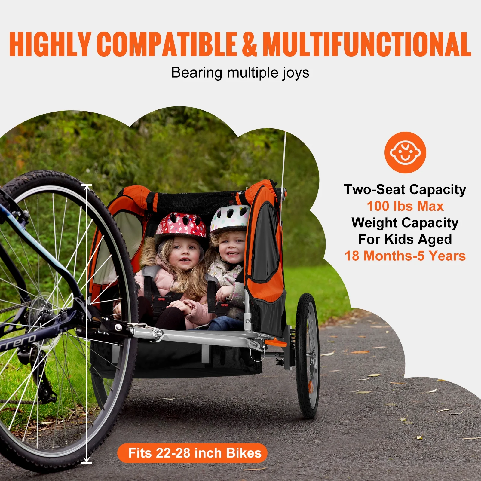 SKYSHALO 2 Seater Child Bike Trailer 100 lbs Foldable Stroller Double Kids Folding
