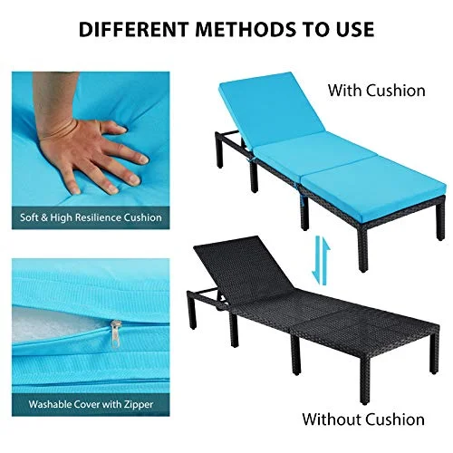 ECOTOUGE Patio Rattan Chaise Lounge Chair, 5-Position Adjustable Reclining Heavy-Duty Wicker Chaise Lounge w/Backrest and Thick Zippered Cushion for Outside Poolside Garden Yard (1PCS, Blue)