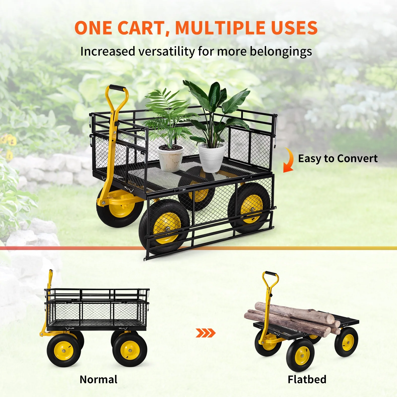 SKYSHALO Heavy-Duty Steel Garden Cart Lawn Utility Cart 1400 lbs w/ Removable Sides