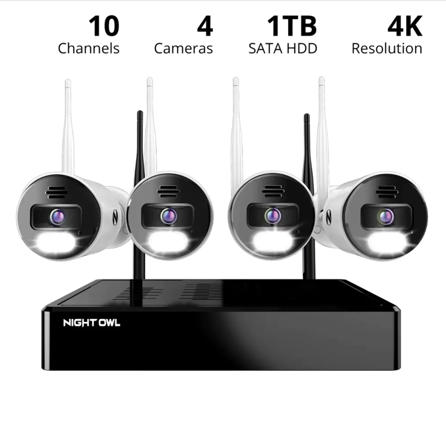 Night Owl 10 Channel 4K Bluetooth Wi-Fi NVR with 1TB Hard Drive and 4 Wi-Fi IP 4K Spotlight Cameras with 2-Way Audio and Audio Alerts and Sirens