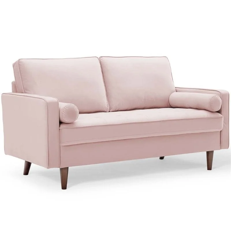 Pemberly Row Modern Performance Velvet Loveseat in Pink/Walnut