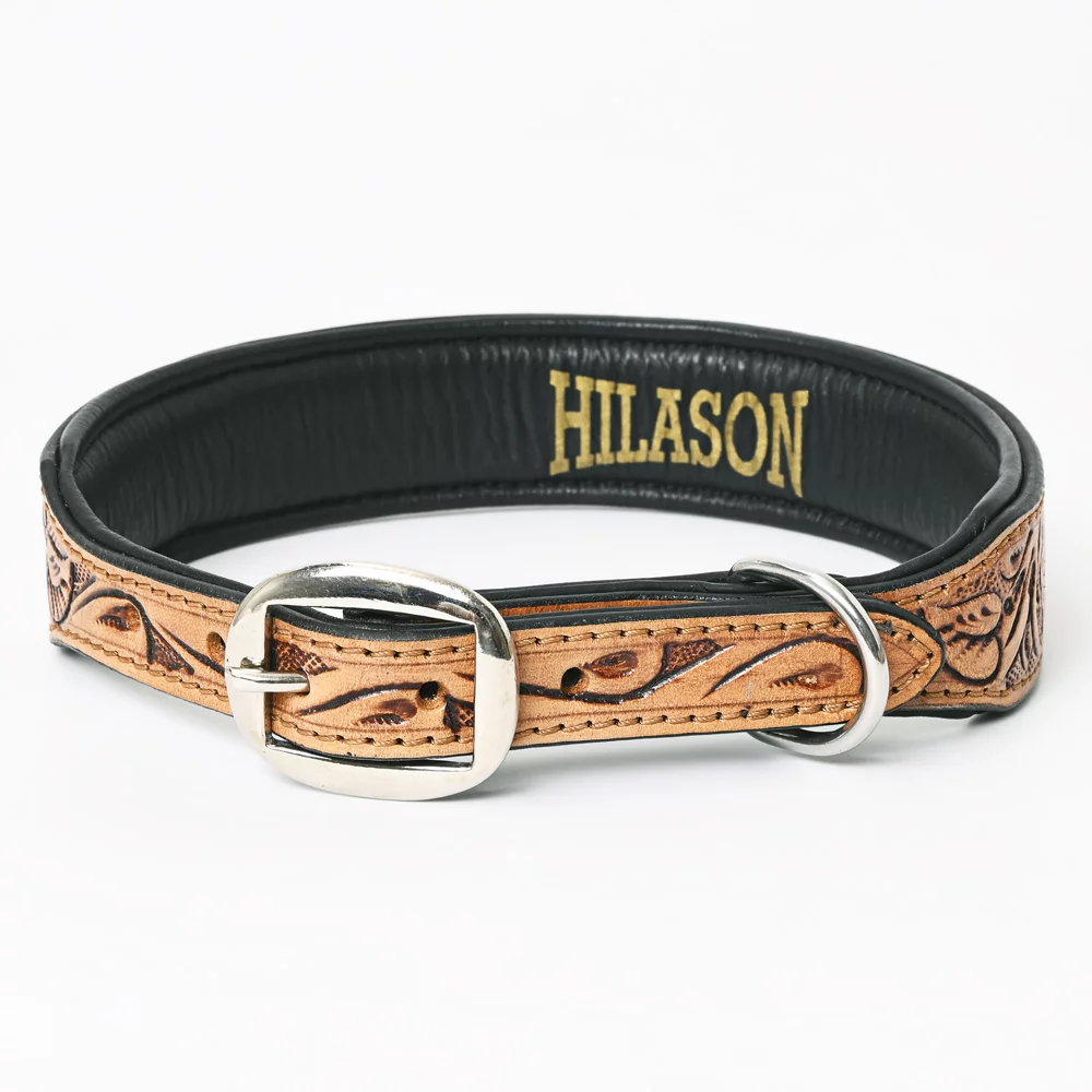 Hilason Beaded Hand Tooled Strong Genuine Leather Dog Collar Black/Tan Small