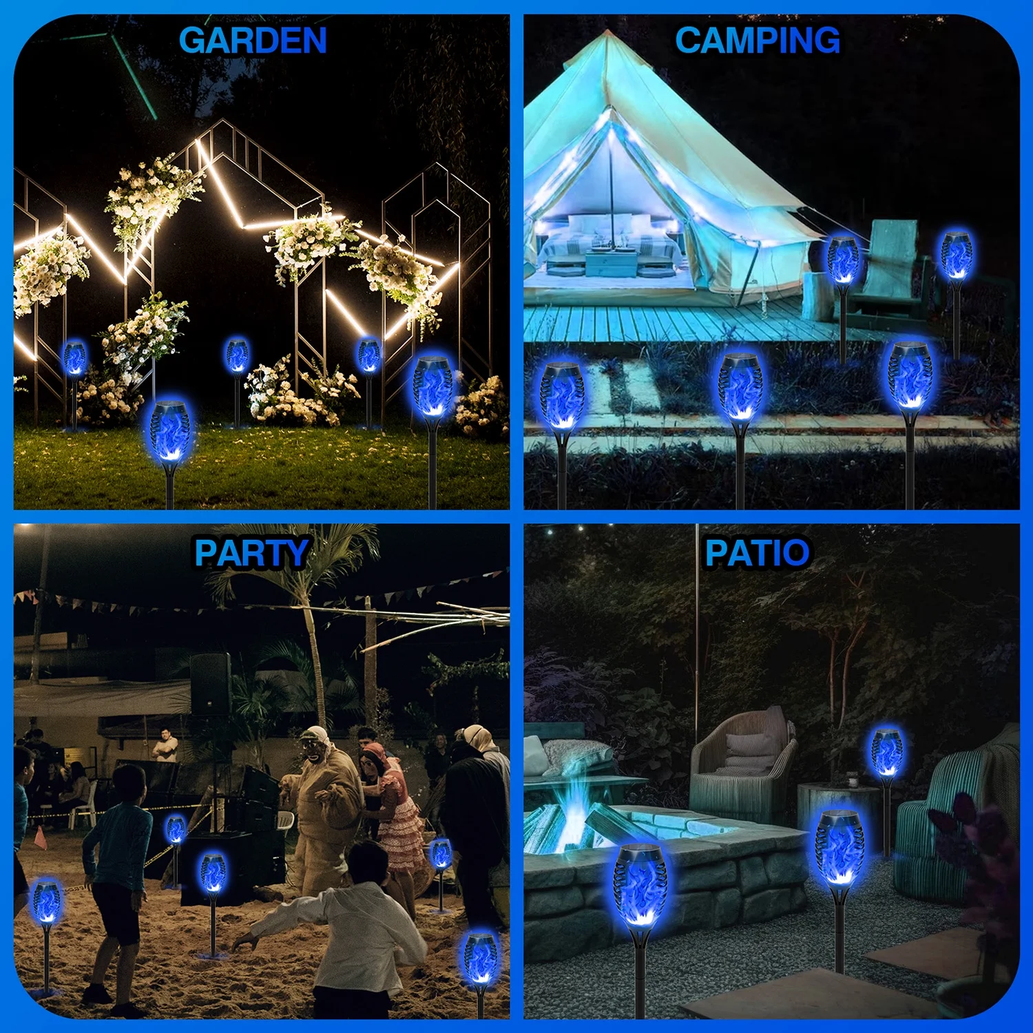 4PCS Flame Solar Lights Blue Flickering Solar Lights 12 LED Solar Tiki Torches for Outside Waterproof Landscape Outdoor Lights Garden Yard Patio Lawn Xmas Decorations