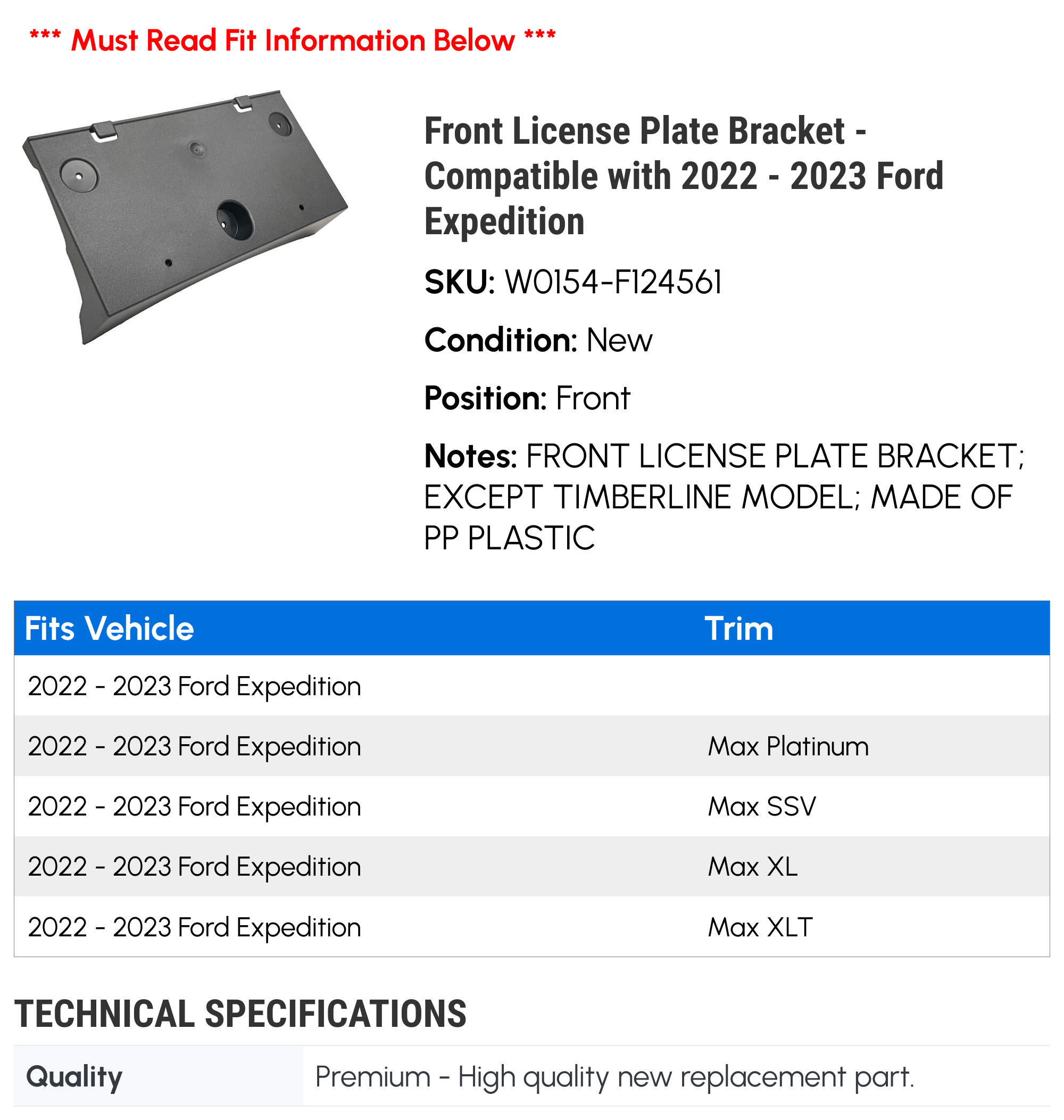 Front License Plate Bracket - Compatible with 2022 - 2023 Ford Expedition