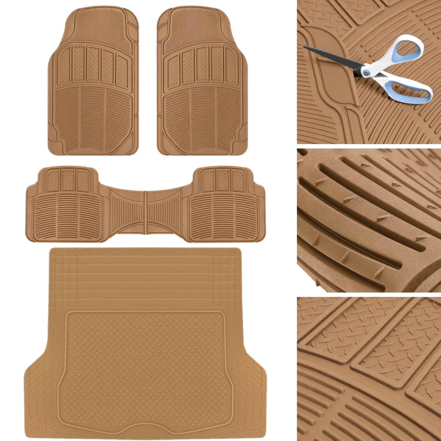 CarXS Proliners Classic Rubber Car Floor Mats - 4pc Front & Rear +Trunk Cargo Liner Heavy Duty Trimmable Diamond Grid for Car Truck SUV Van - Beige