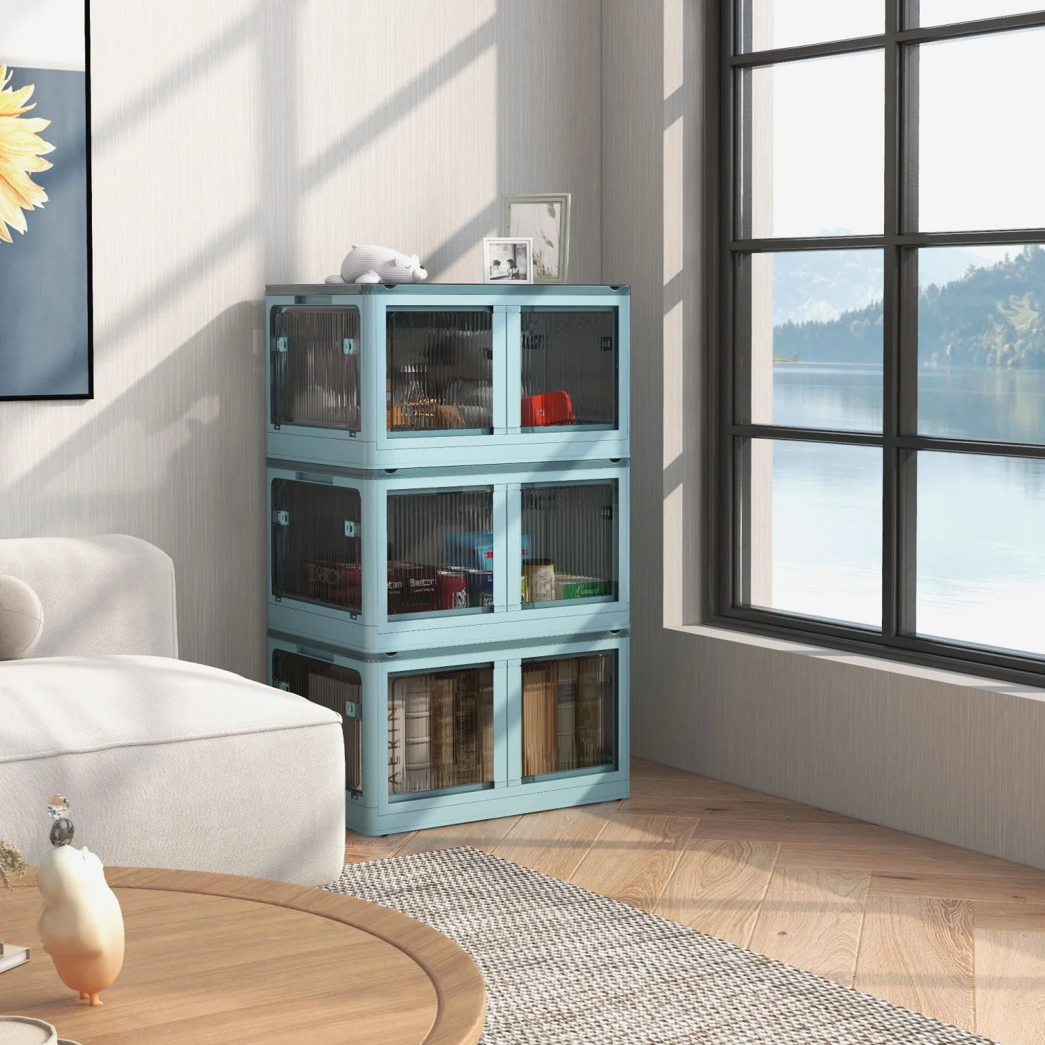 ZJbiubiuHome 3 Stackable  Bins w/ Lids  Wheels  Collapsible  18 gal  Blue