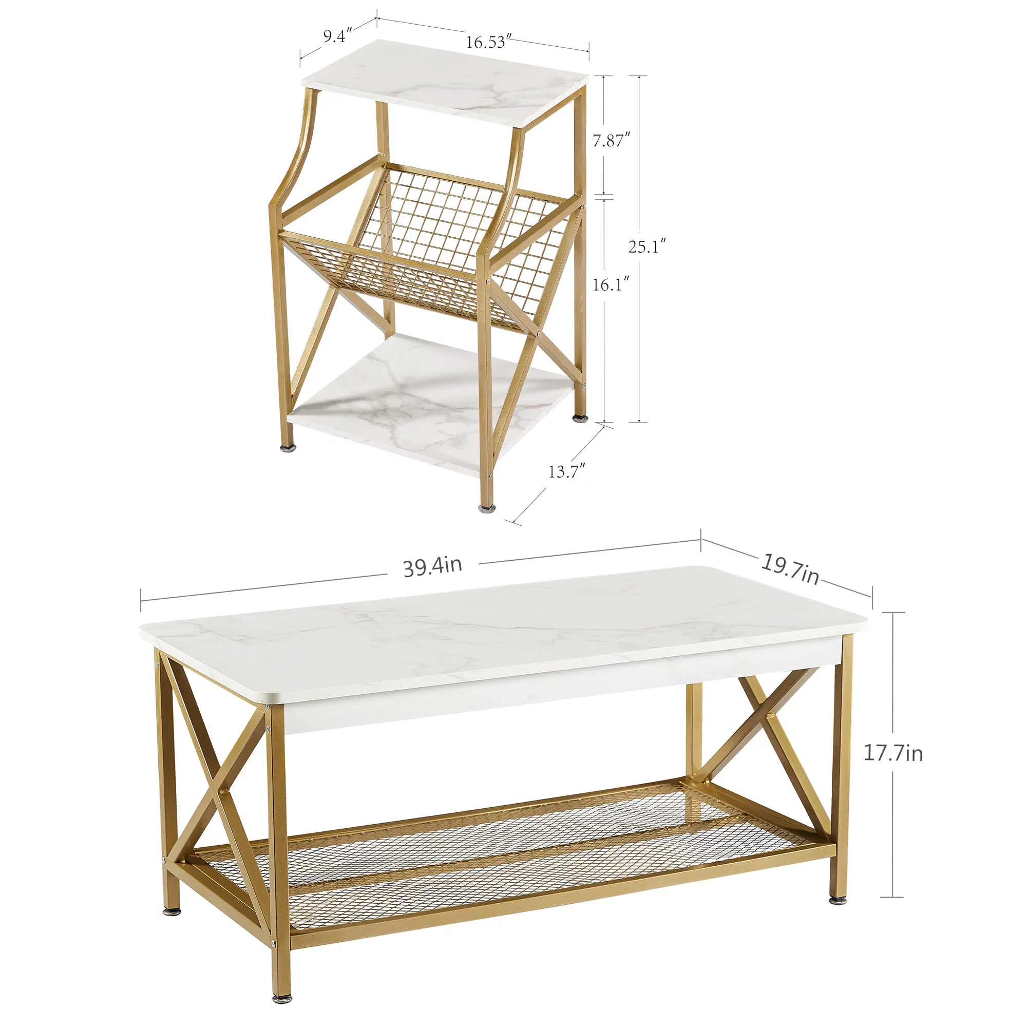 VECELO 3-Piece Coffee Table Set with Coffee Table and 2 End Side Tables, Modern X-Design for Living Room Table Set, Gold