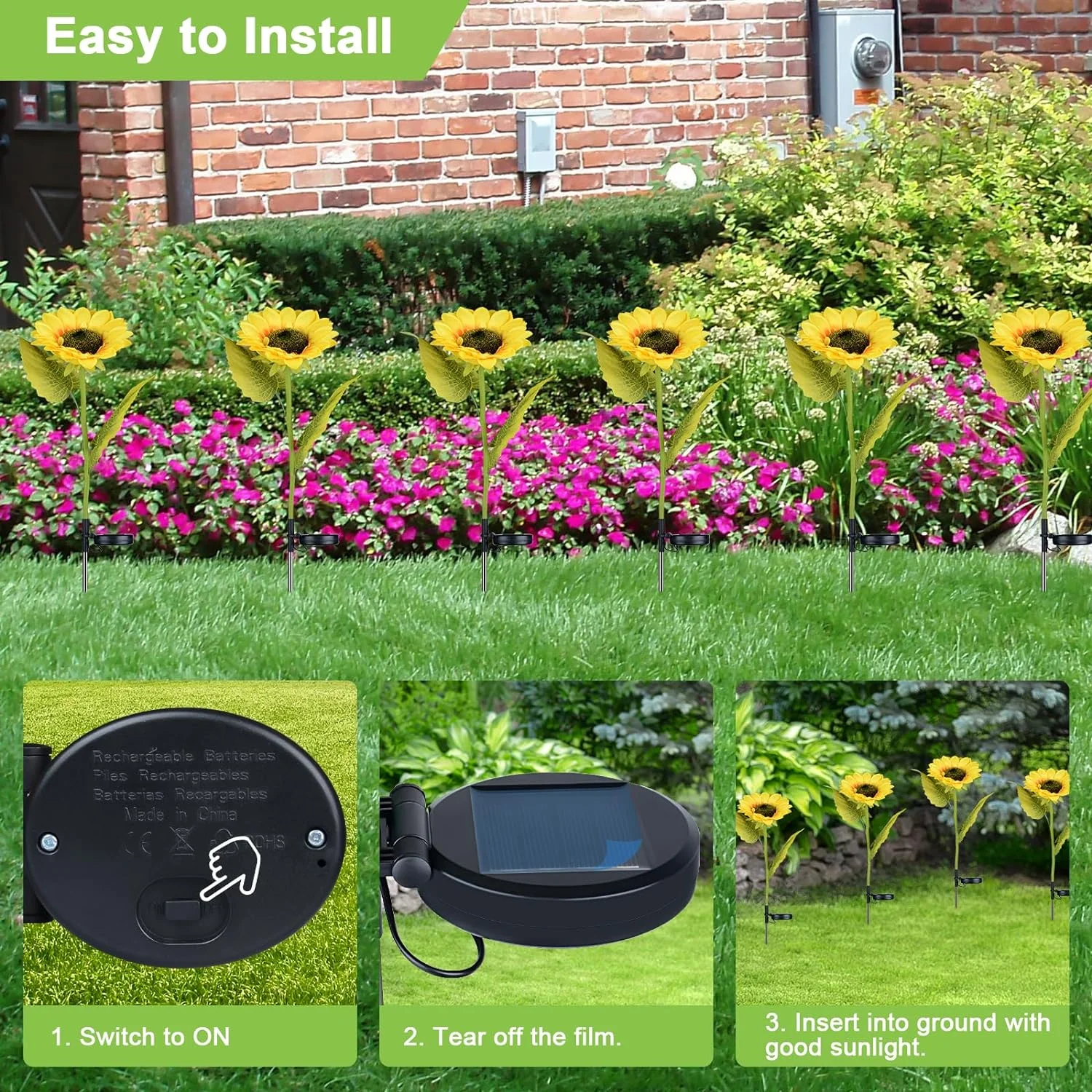 Qoosea 4 Pack Solar Sunflower Lights, Upgraded LED Solar Garden Lights Outdoor Waterproof, Artificial Solar Garden Flower Lights for Pathway, Walkway, Patio, Yard, Lawn Flowerbed Decorative